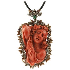 Engraved Face on Red Coral, Diamonds, Emeralds, Rubies,Rose Gold/Silver Pendant