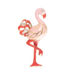 Vintage Enamel Diamond "Pink Flamingo" Brooch