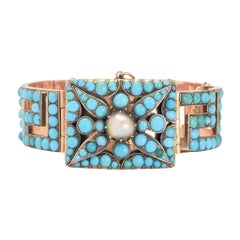Antique Mid Victorian Turquoise Pearl Greek Key Bracelet