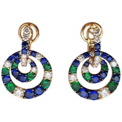18 Karat Yellow Gold Earrings with Diamonds, Blue Sapphires and Emeralds