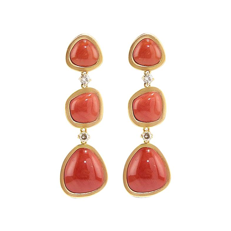 Coral 18 Karat Gold Diamond Dangle Drop Earrings For Sale at 1stDibs
