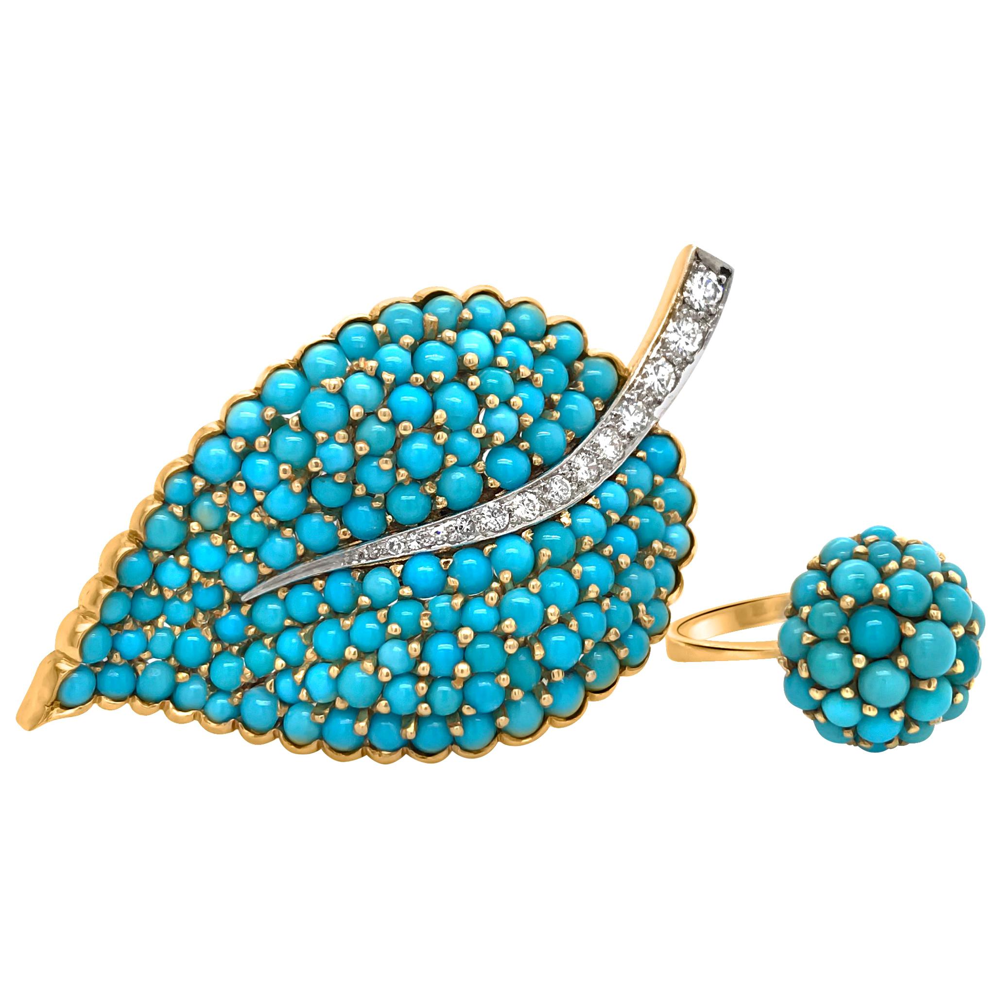 18 Karat Gold Turquoise and Diamond Brooch and Ring