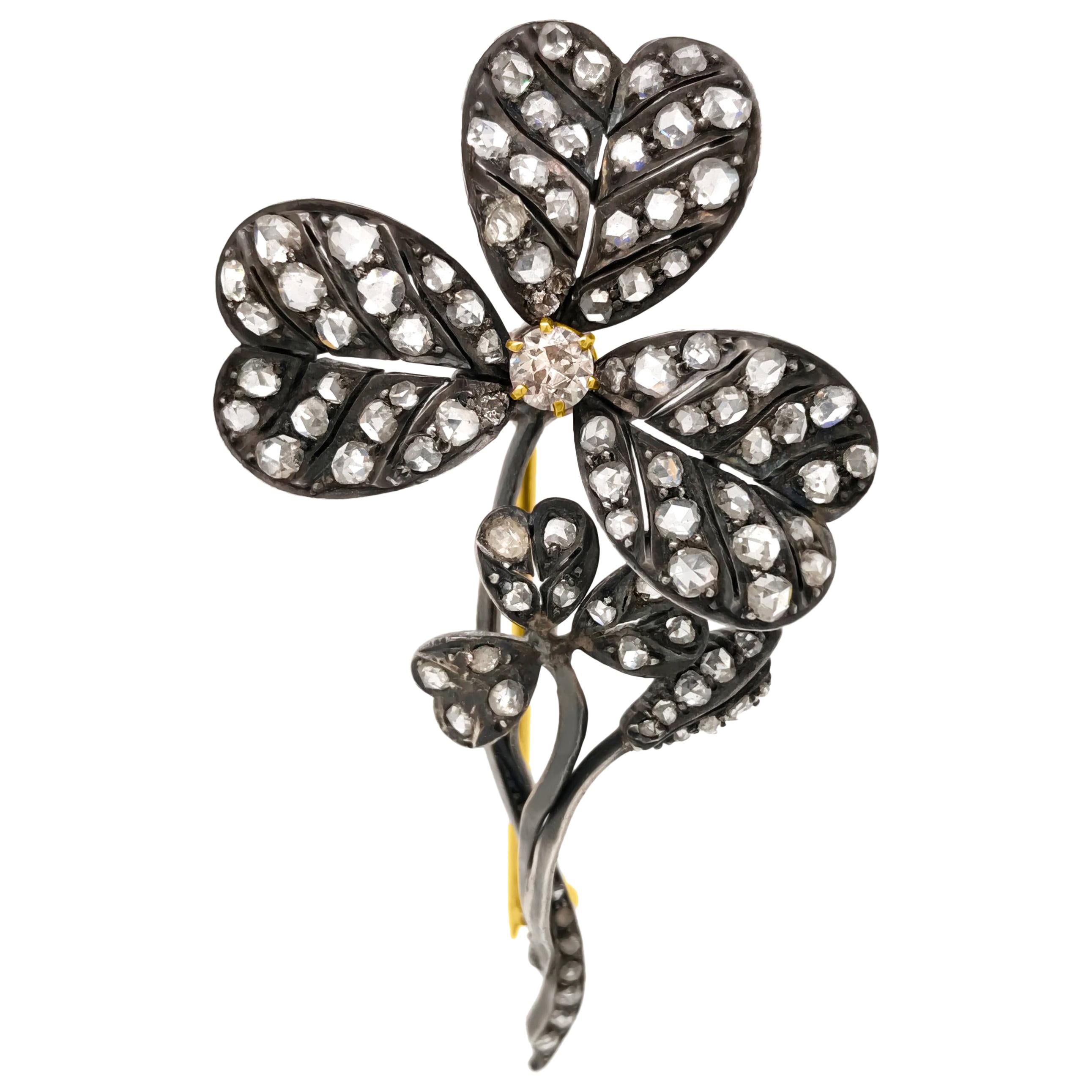 Antique Russian Clover Motif Diamond Brooch