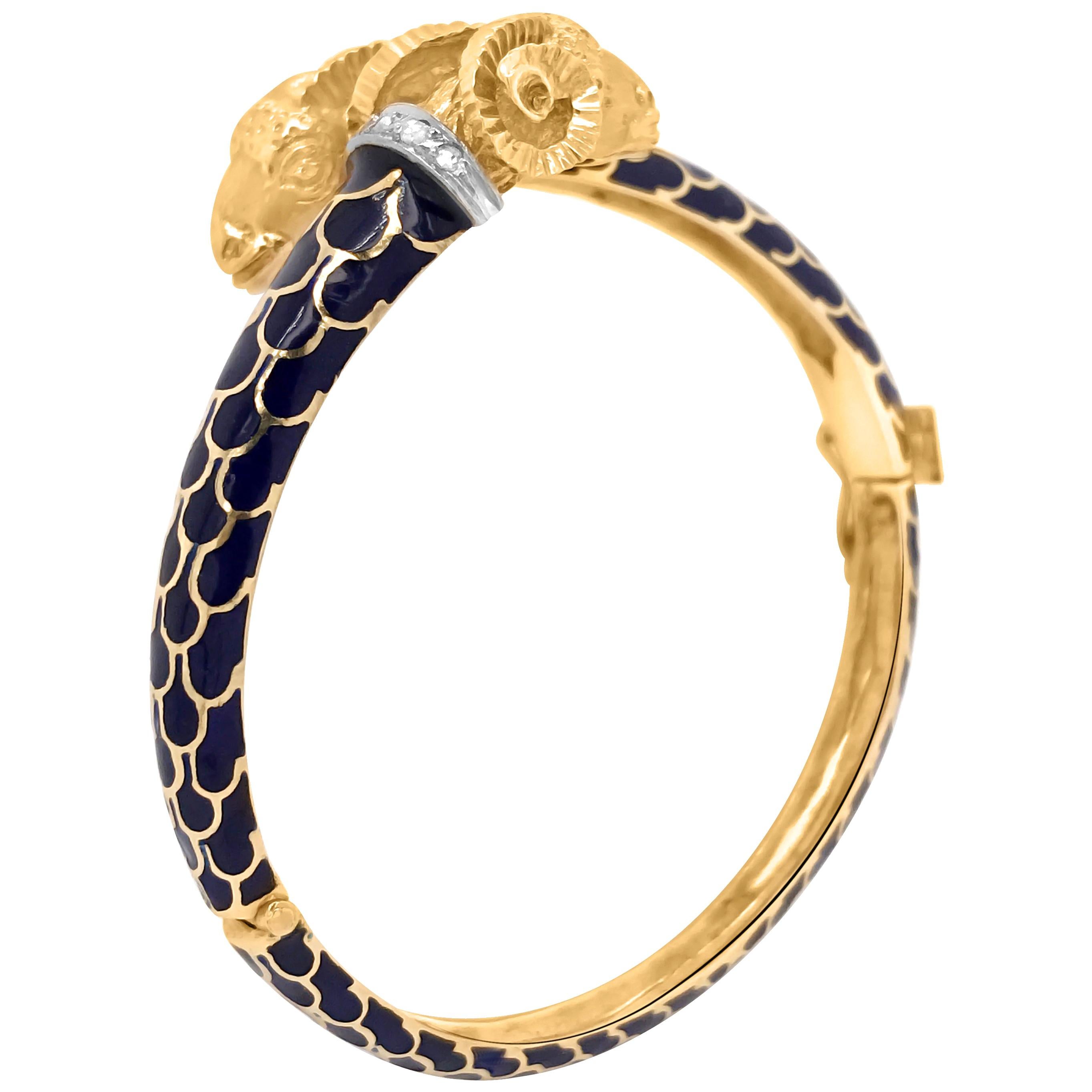 Blue Enamel Bangle Bracelet with Double 18 Karat Gold Lamb's Head