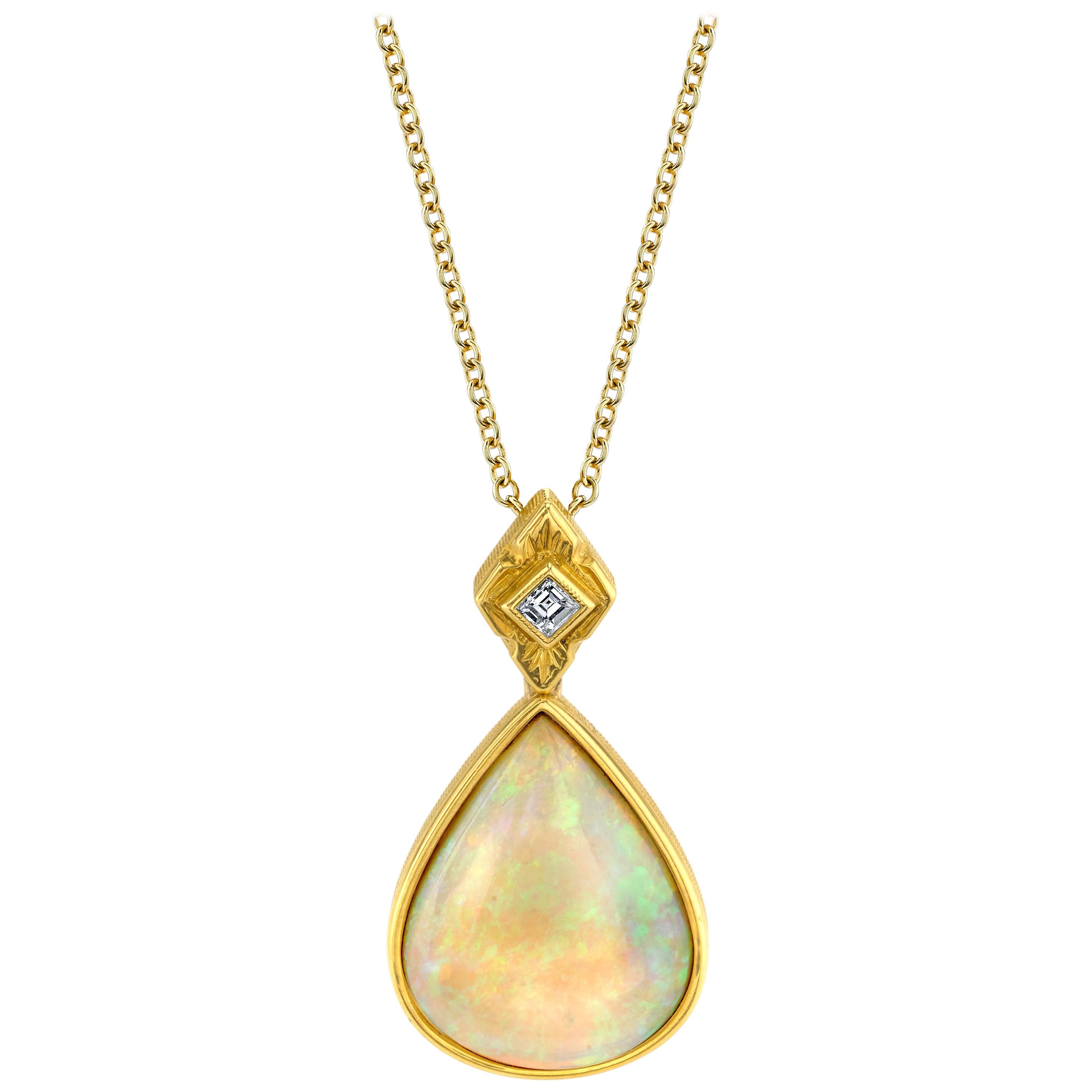 6.83 Carat Pear Shape Opal and Diamond Necklace in 18k Yellow Gold 