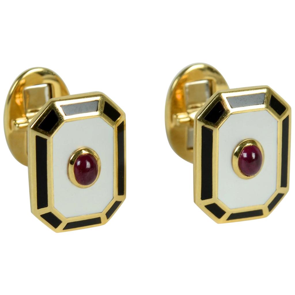 Classic Art Deco Style, Mother of Pearl, Cabochon Ruby, and Black Onyx Cufflinks