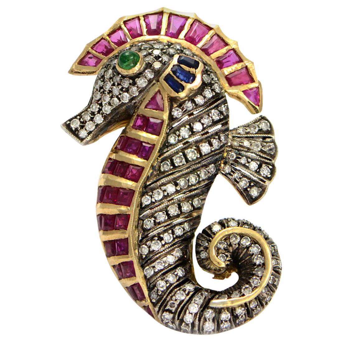 Solid 18K Gold & Sterling Diamond, Ruby, Sapphire & Emerald Seahorse Brooch 14g