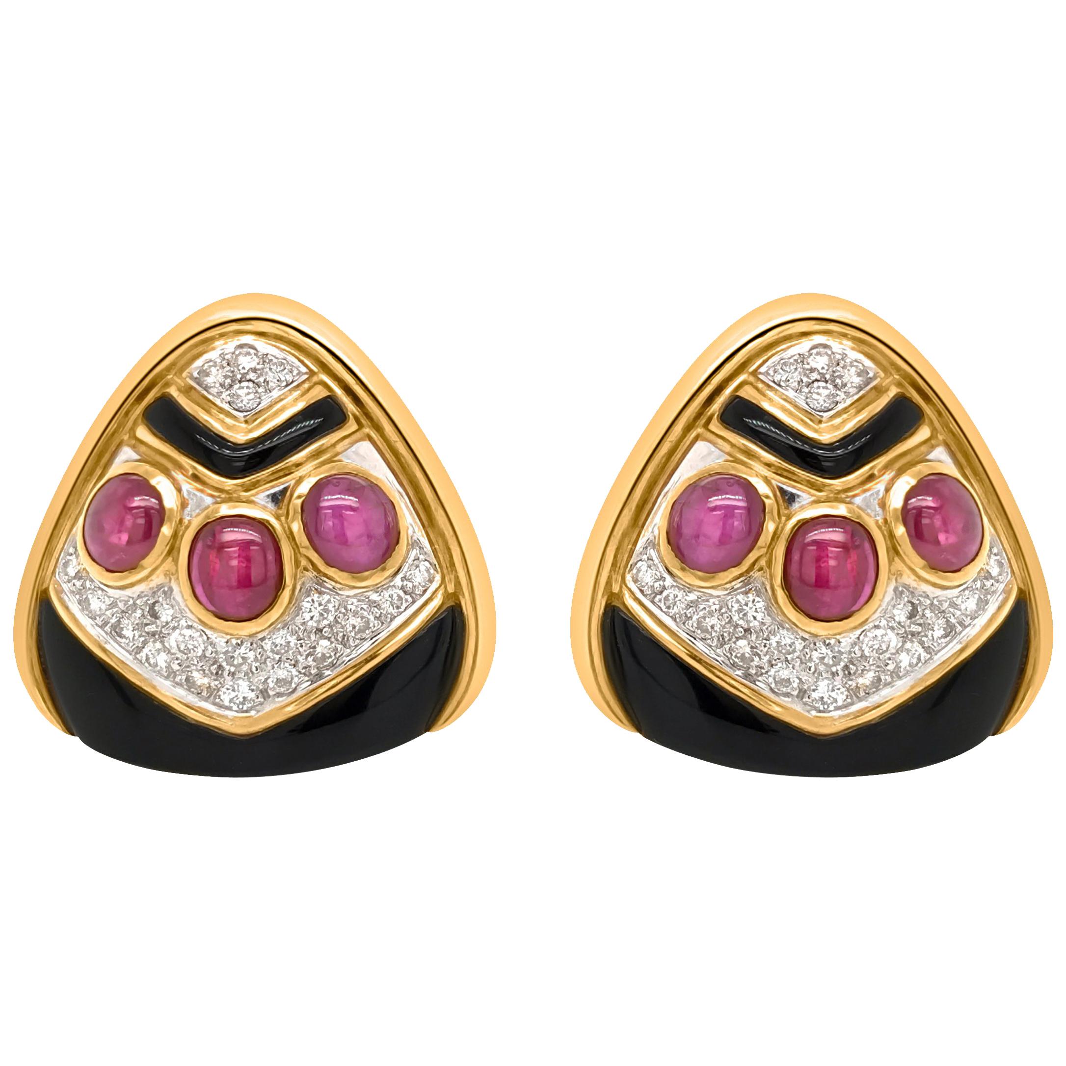 18 Karat Gold, Black Onyx, Cabochon Ruby and Diamond Earclips