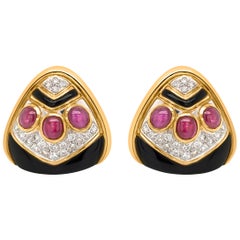 18 Karat Gold, Black Onyx, Cabochon Ruby and Diamond Earclips