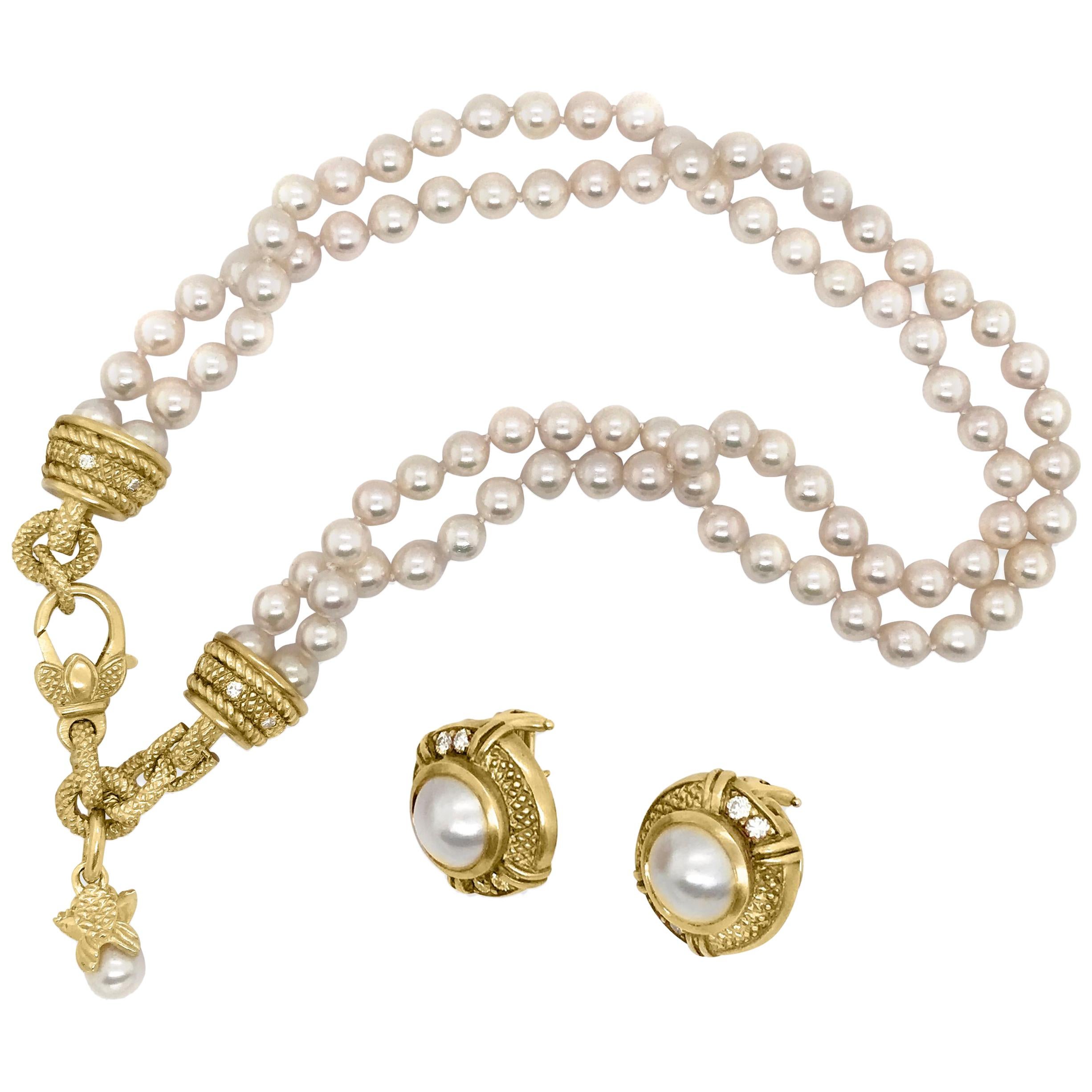 Judith Ripka, Double Strand Pearl 18 Karat Gold Necklace and Earrings Set