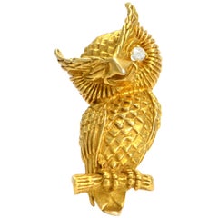 Solid 14 Karat Yellow Gold and Genuine Diamond Dan Frere Owl Brooch 17.9g