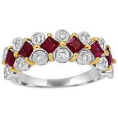 Ruby Princess Cut White Diamond Round Two Color Gold Band Fashion Cocktail Ring