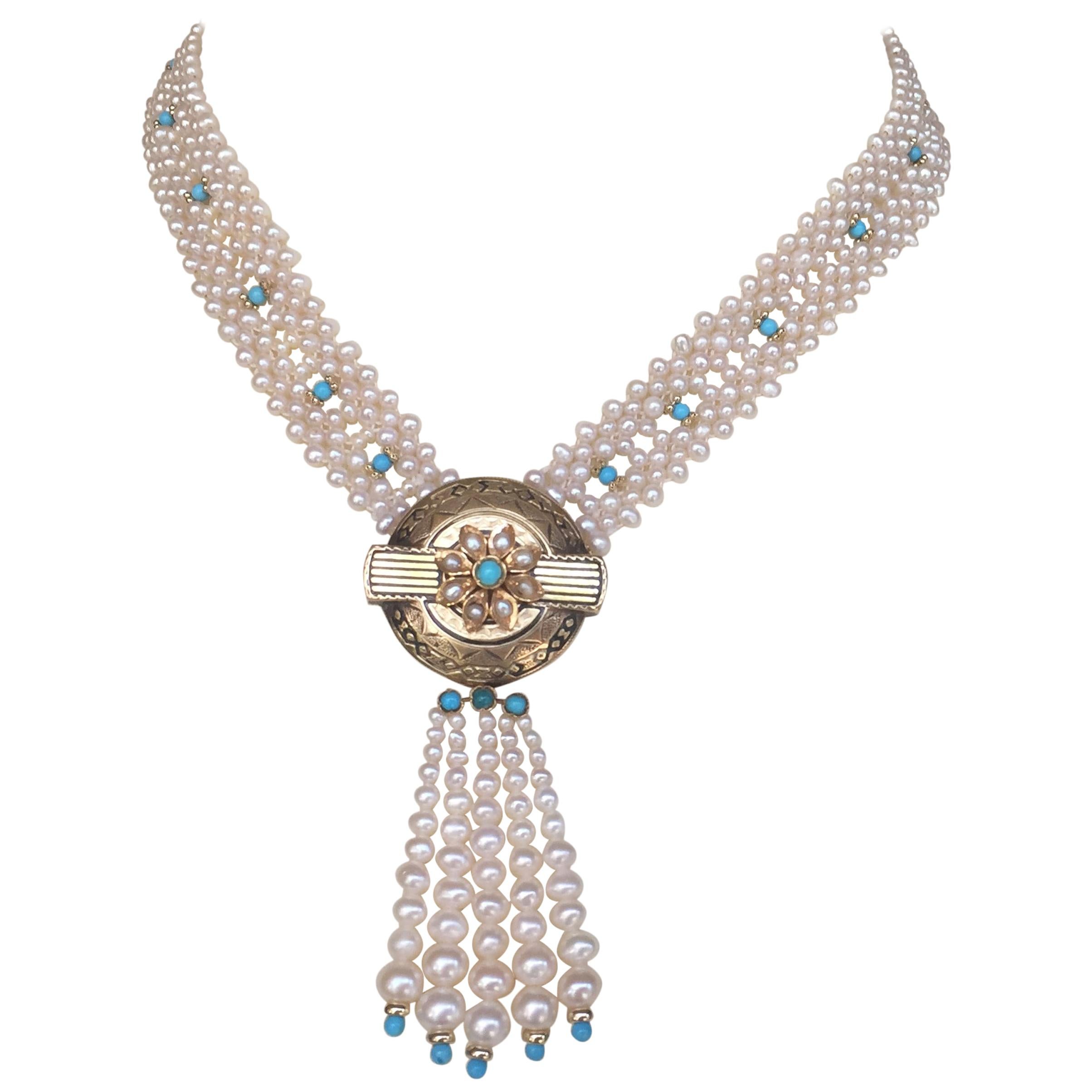 Marina J. Woven Pearl and Turquoise Necklace with 14K Yellow Gold Centerpiece 