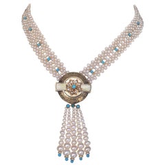 Marina J. Woven Pearl and Turquoise Necklace with 14K Yellow Gold Centerpiece
