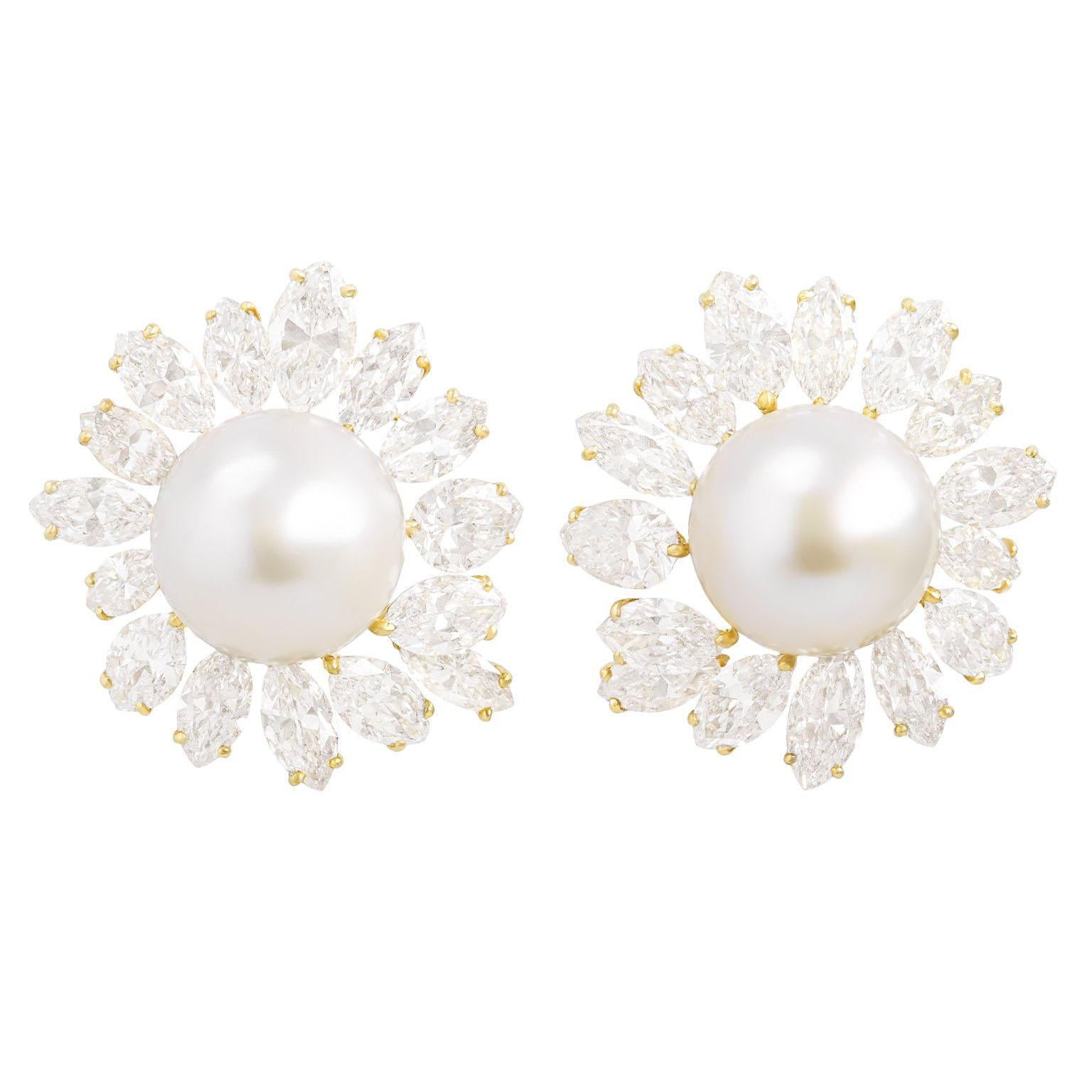 Spectacular Diamond and Pearl-set Gold Earrings For Sale
