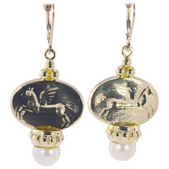Unique Pegasus Motif Leverback Dangle Earrings with Pearls 14 Karat Yellow Gold
