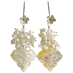 Carved Mother of Pearl Freshwater Pearls Rock Crystal Cluster Earrings, Sabrina