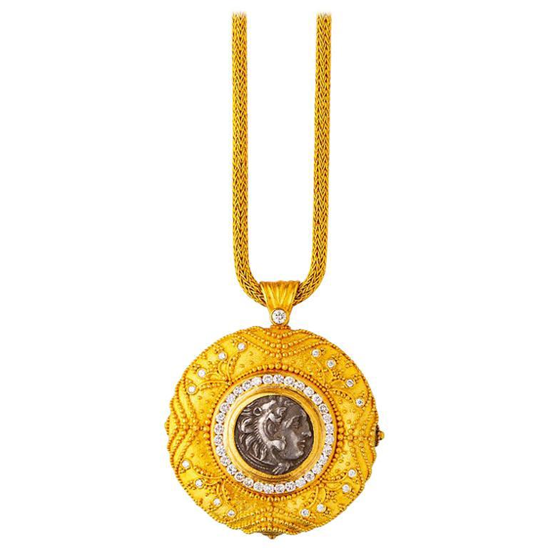 24 Karat Handcrafted Tapered Granulated Coin Necklace Adorned with Diamonds For Sale