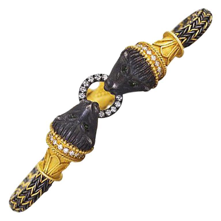 Gold and Silver Handwaven Hellenistic Style Lion Head Bracelet with Diamonds For Sale