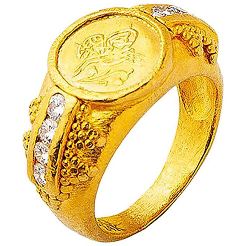 24K Gold Handcrafted Jewelry Ottoman Coin Tapered Classic Ring with Diamonds For Sale