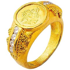 24K Gold Handcrafted Jewelry Ottoman Coin Tapered Classic Ring with Diamonds