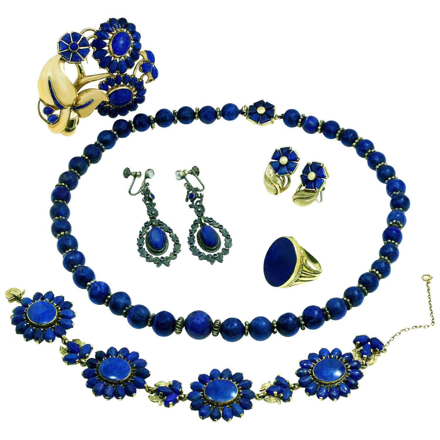 Seaman Schepps Lapis Lazuli Gold Vintage 6 Piece Jewelry Set