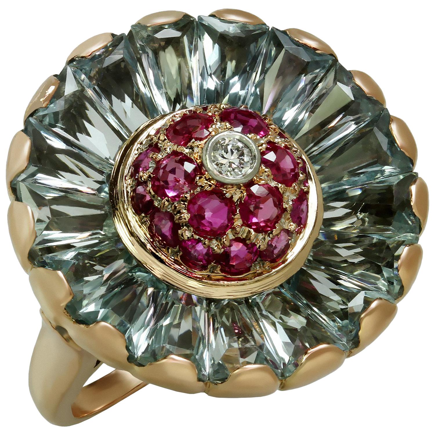 Trabert & Hoeffer-Mauboussin Diamond Aquamarine Ruby Rose Gold Fan 1940s Ring 