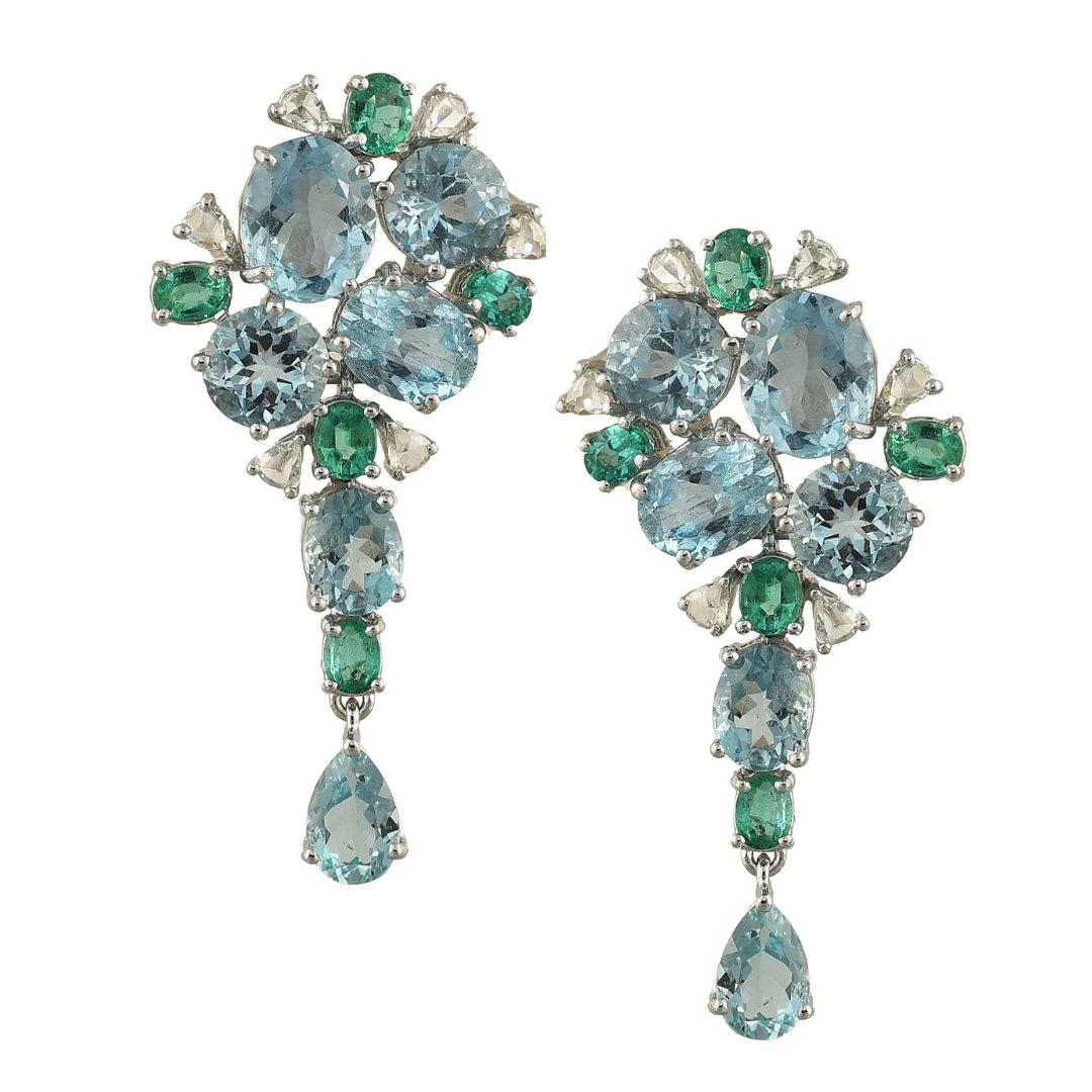 Set in 18K white gold, Aquamarine, Emerald and Rose Cut Diamond Dangle Earrings