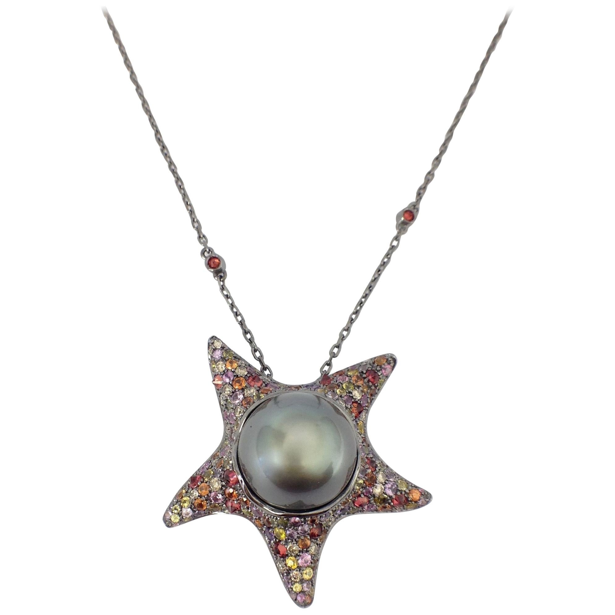 Petronilla Sapphire Diamond Tahitian Pearl 18Kt Gold Starfish Pendant Made in IT