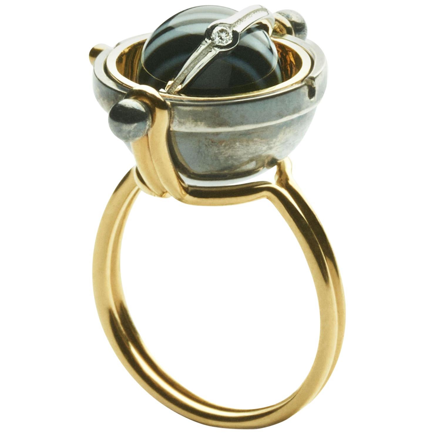 Onyx Diamonds Sphere Ring in 18k yellow gold by Elie Top