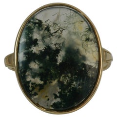 Victorian Large Moss Agate Panel 9 Carat Gold Solitaire Ring