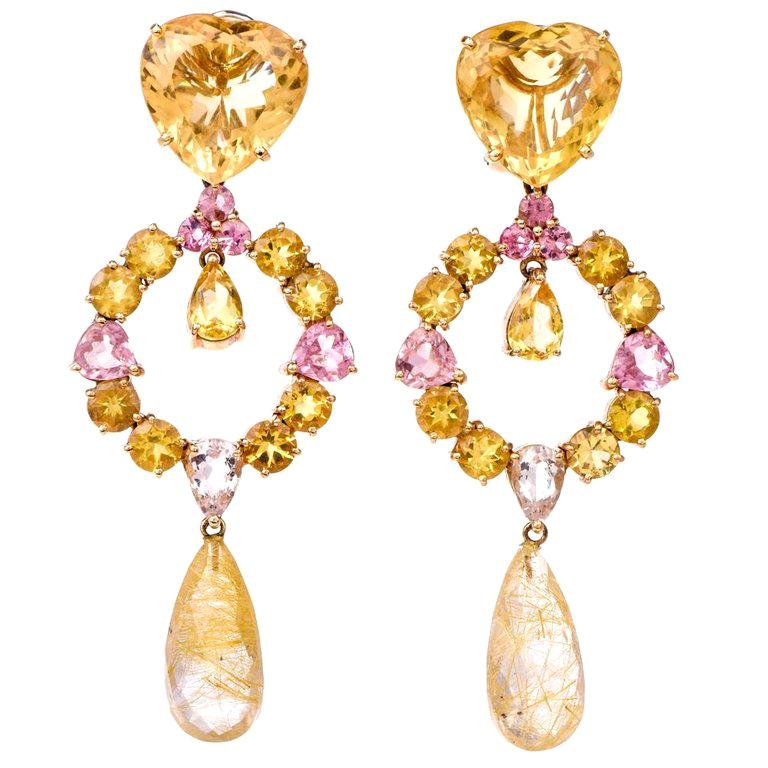 Heart Citrine Pink Quartz Dangle Drop Chandelier 18 Karat Gold Earrings