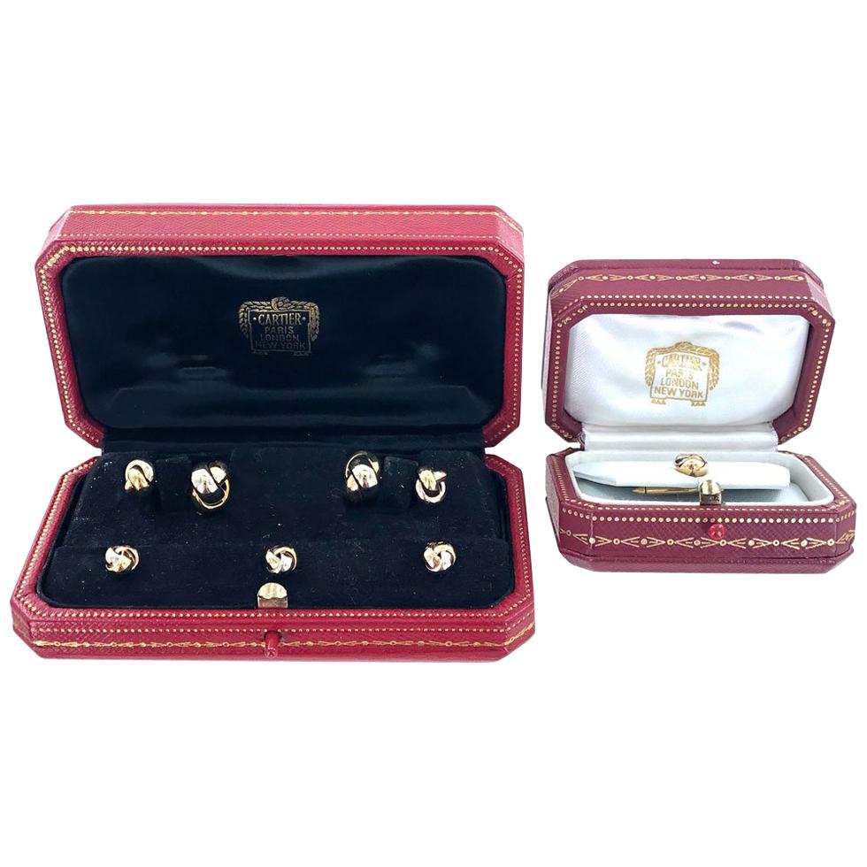Cartier Knot Cufflink Stud Set 18 Karat Tri-Color Gold Box and Papers