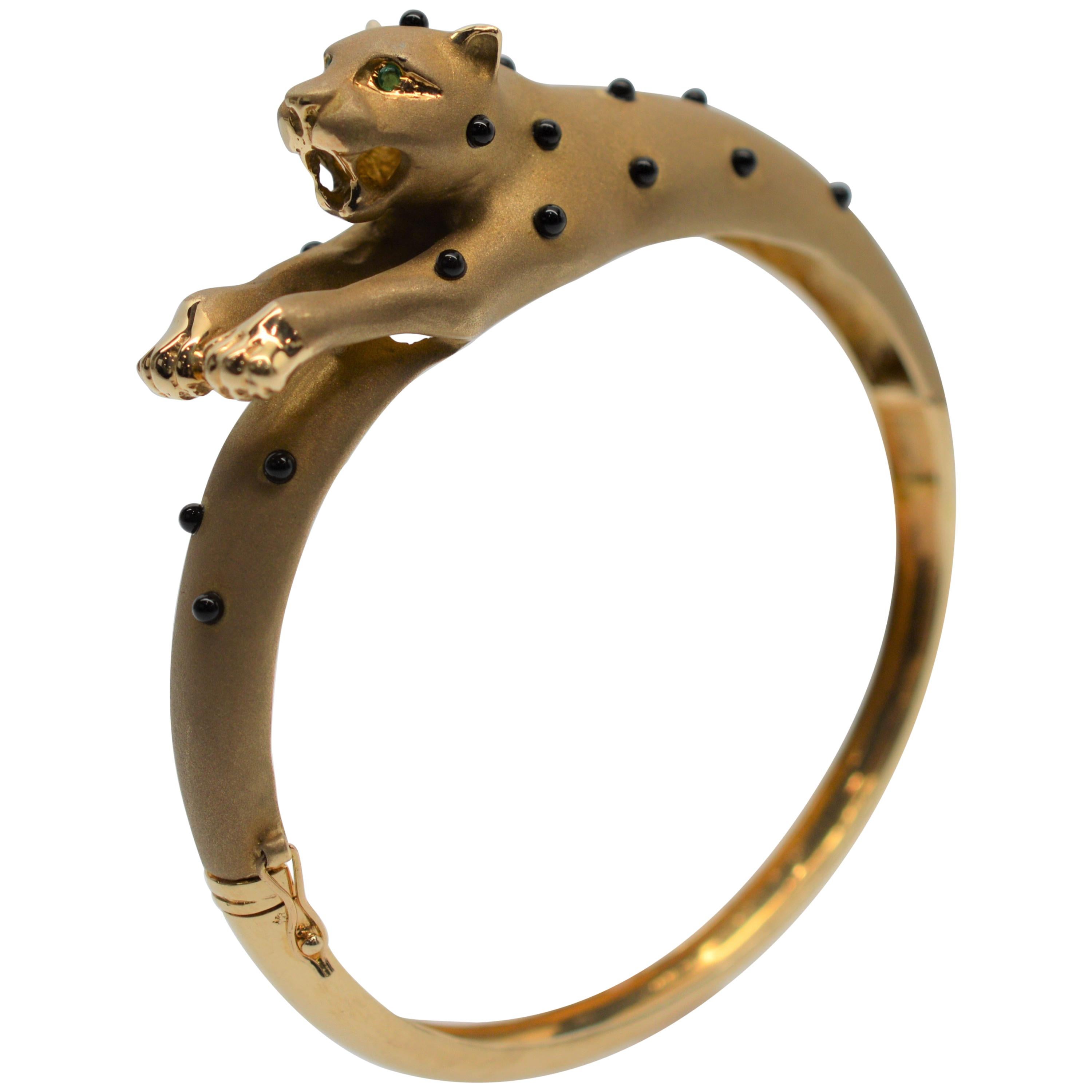 14 Karat Yellow Gold Leopard Bangle Bracelet w Onyx Spots and Emerald Eyes