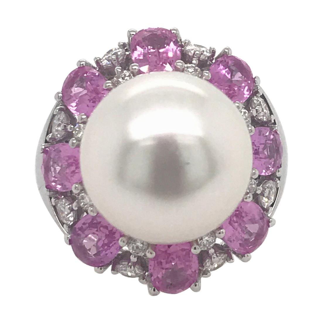 South Sea Pearl with Pink Sapphire Ring 4.50 Carat 18 Karat For Sale