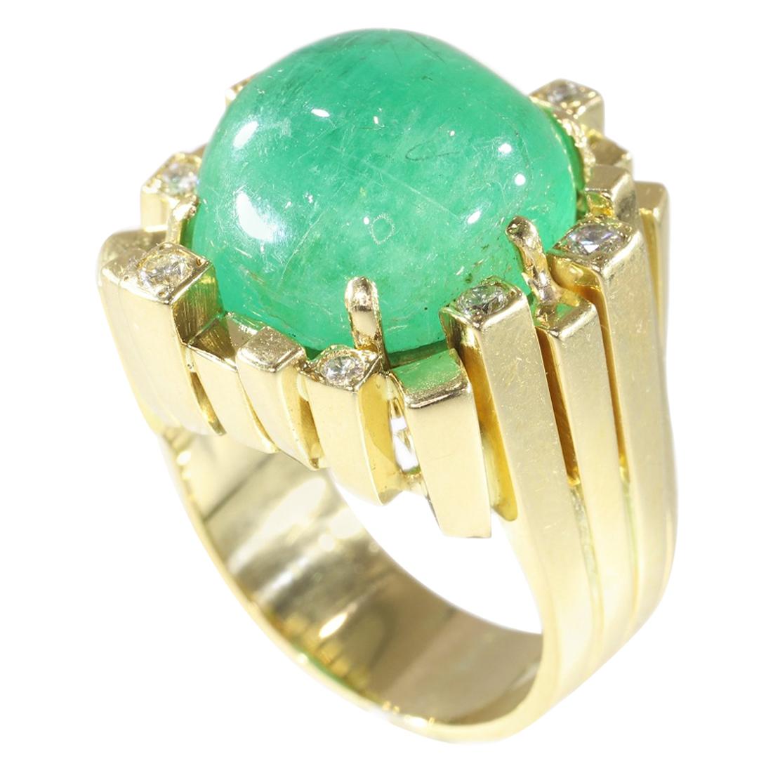 Vintage Seventies Modernistic Artist Design Ring with Large Emerald and Diamonds For Sale