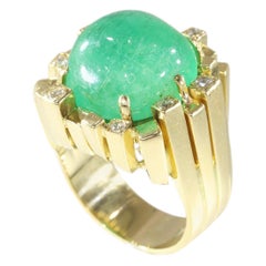 Vintage Seventies Modernistic Artist Design Ring with Large Emerald and Diamonds