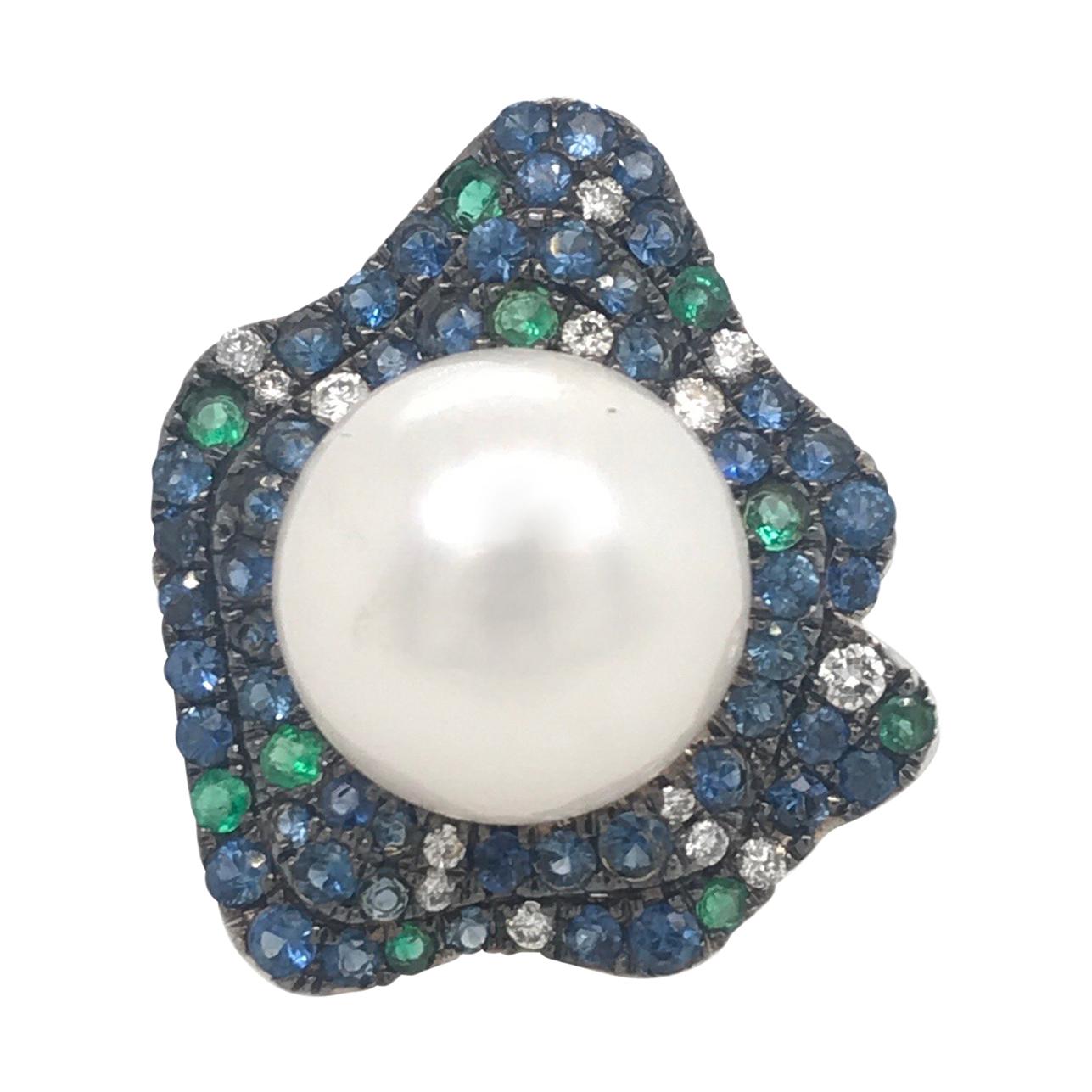 South Sea Pearl Emerald and Diamond Ring 2.31 Carat 18 Karat