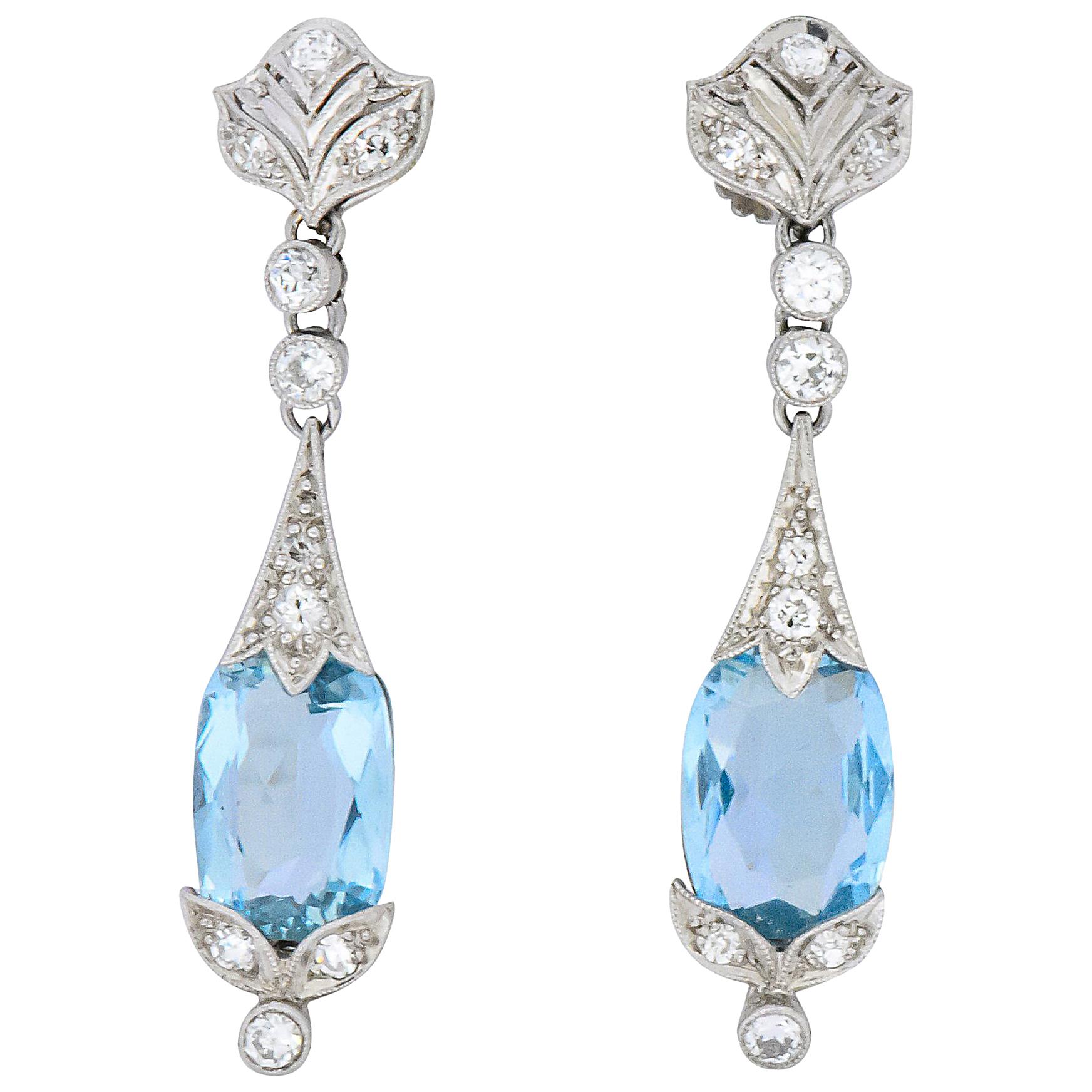 Edwardian 6.00 Carat Aquamarine Diamond Platinum Screw Back Drop Earrings
