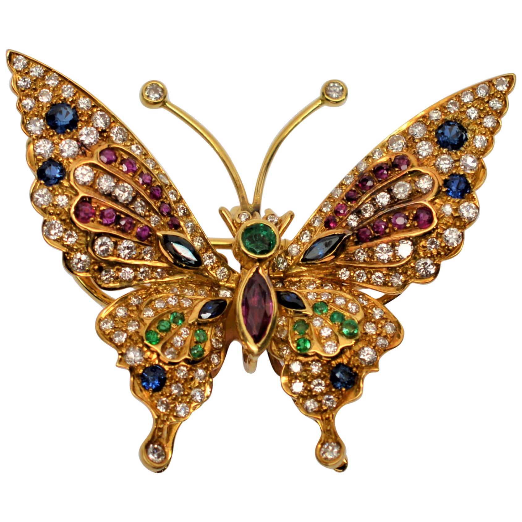  Diamond Sapphire Ruby Emerald Yellow Gold Fluttering Butterfly Brooch Pendant