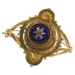 18 Karat Vintage Diamond Watch Bangle Yellow Gold Blue Enamel