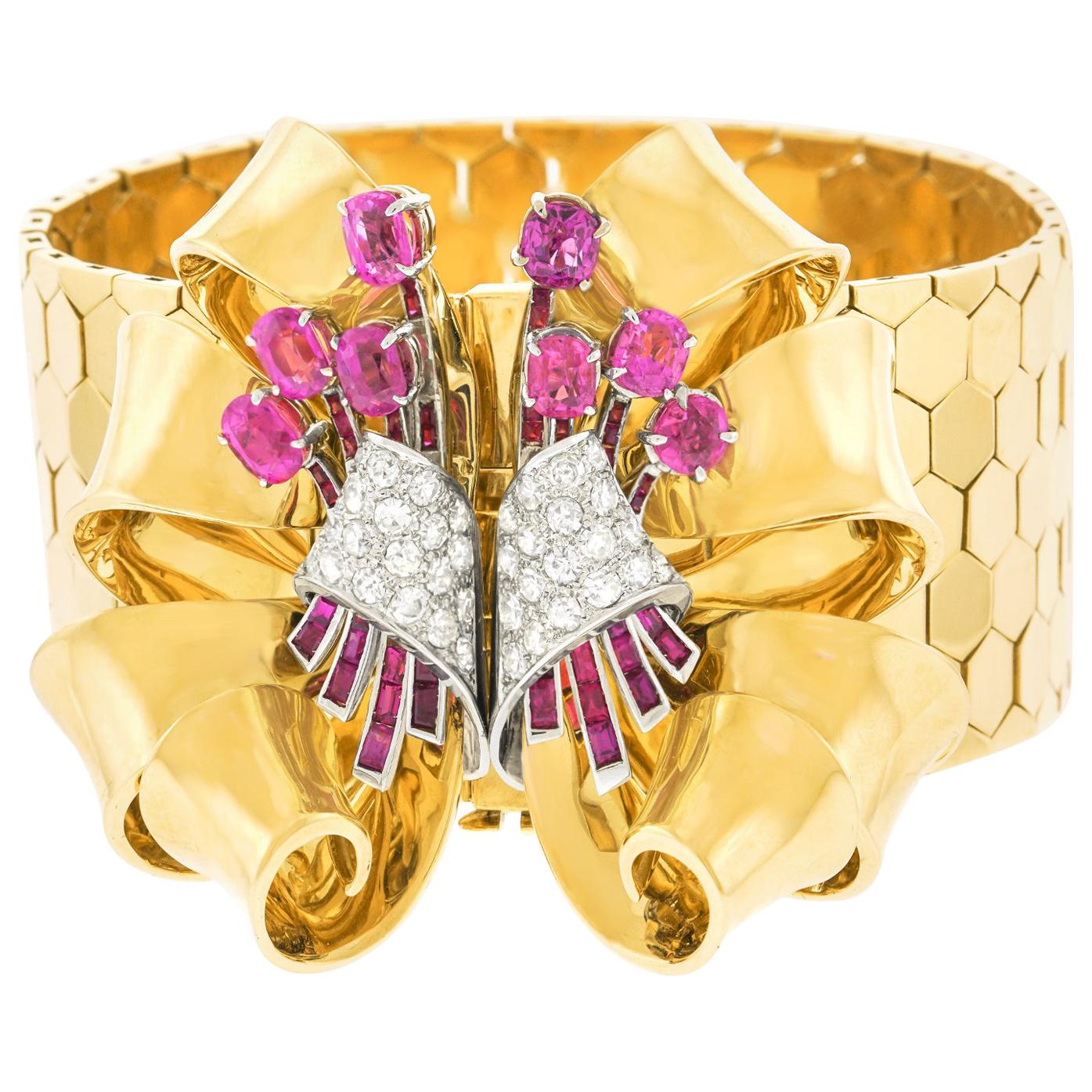Bucherer Retro Pink Sapphire and Diamond Set Gold Bracelet