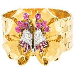 Bucherer Vintage Pink Sapphire and Diamond Set Gold Bracelet
