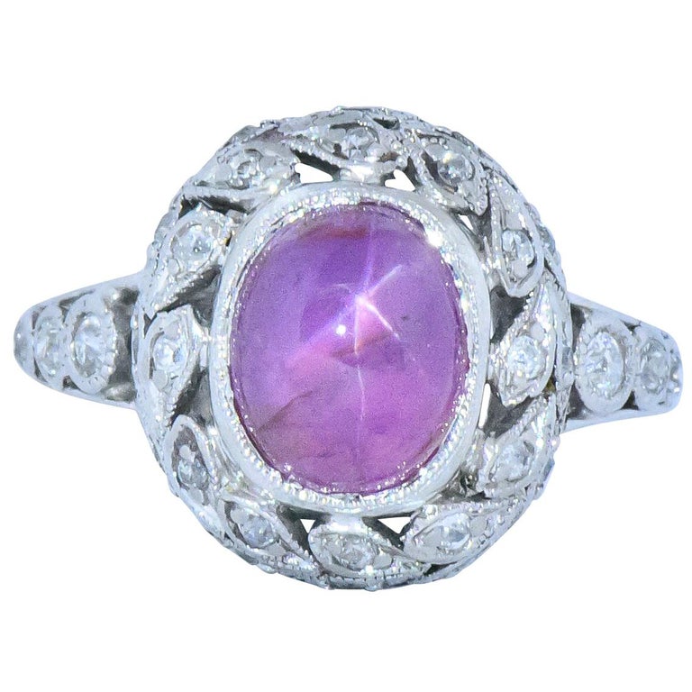 Edwardian 3.85 Carat Pink Star Sapphire Diamond Platinum Ring For Sale