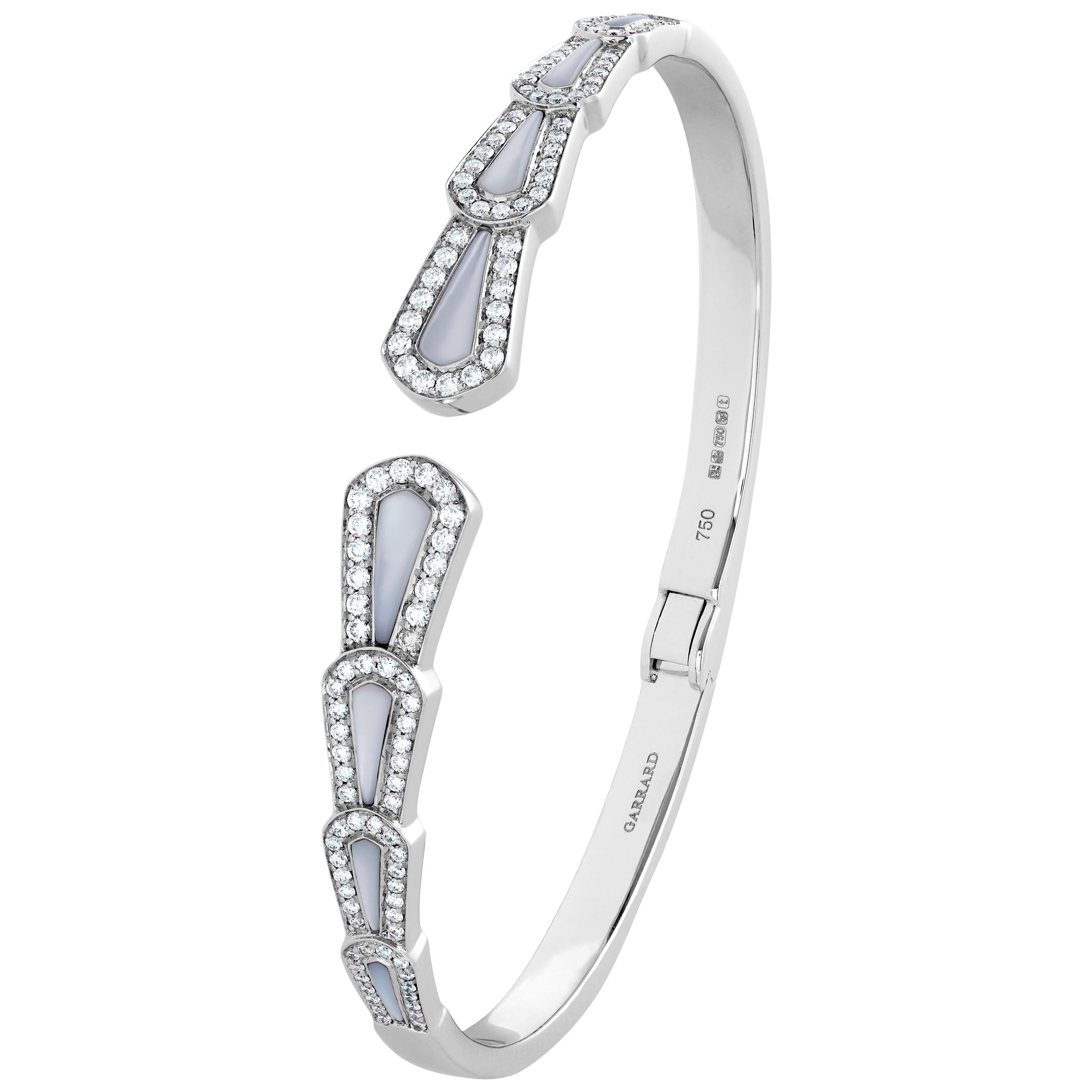 Garrard 'Fanfare' 18 Karat White Gold Bangle Diamonds White Mother of Pearl For Sale