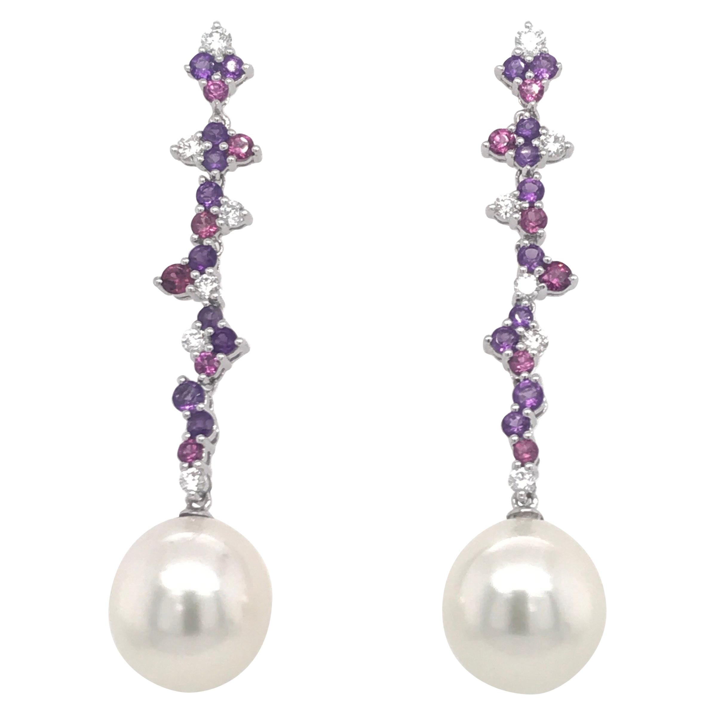Boucles d'oreilles en or 18 carats avec améthyste, diamant, rhodonite et perle de 3,10 carats