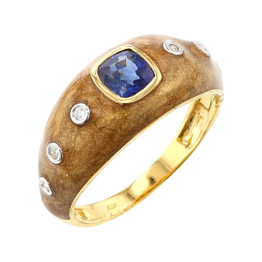 Brown Enamel Ring with Blue Sapphire and Diamonds, 18 Karat Yellow Gold