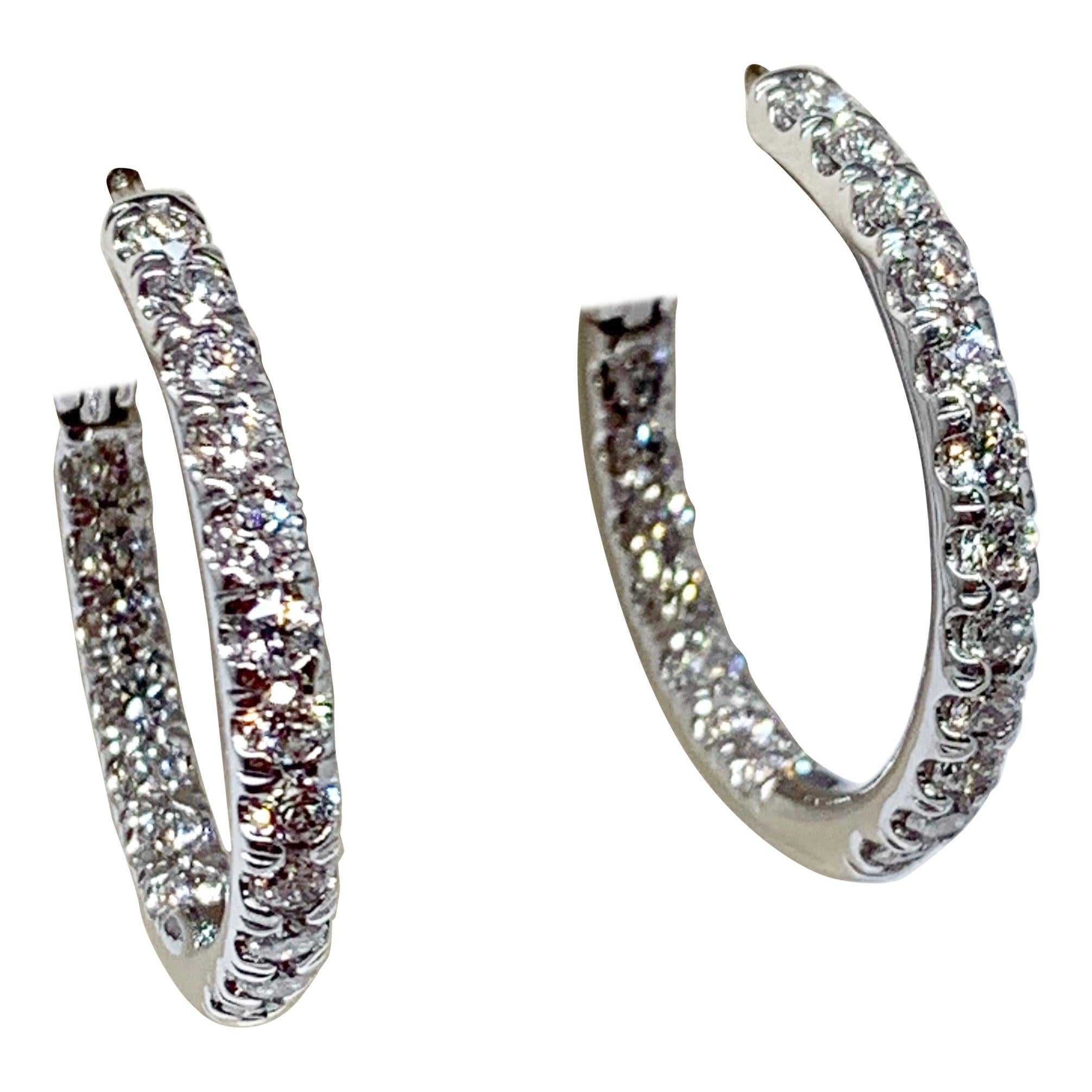 White Gold 1.30 Carat Total Weight Round Diamond Inside-Outside Hoop Earrings For Sale
