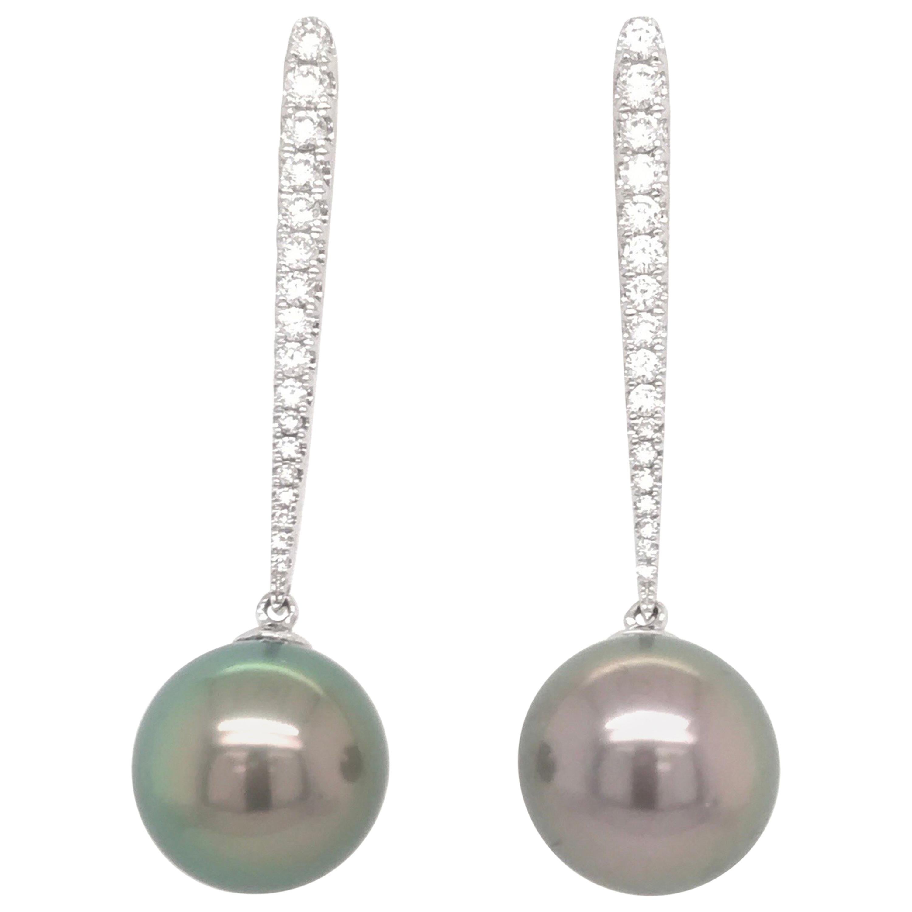 Tahitian Pearl Diamond Drop Earrings 0.43 Carat 18 Karat