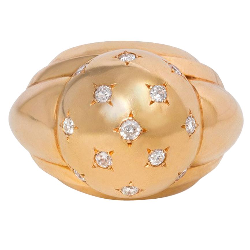 French 1940s Gold and Star-Set Diamond Domed Ring